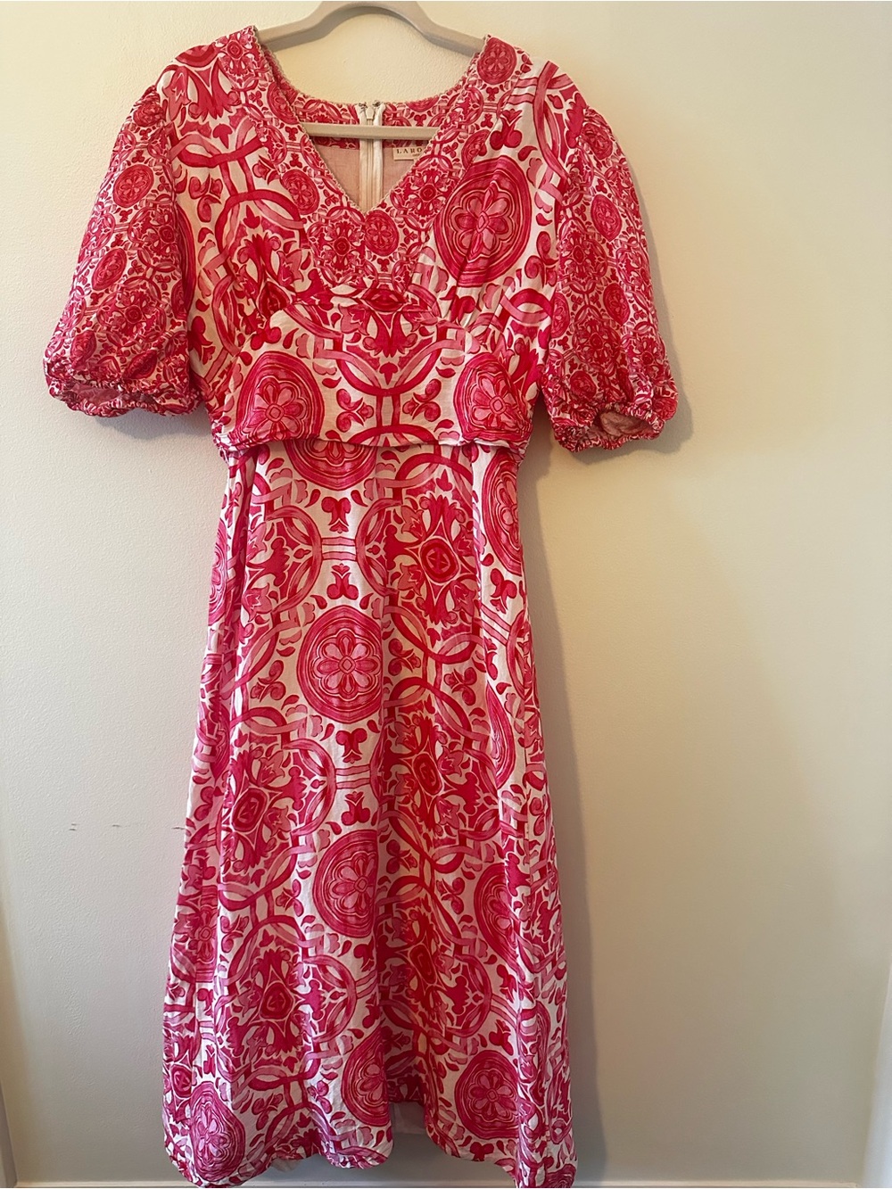 LaRoque Original Pink & Red Linen Blend Midi Dress | Puff Sleeve | Size Medium
